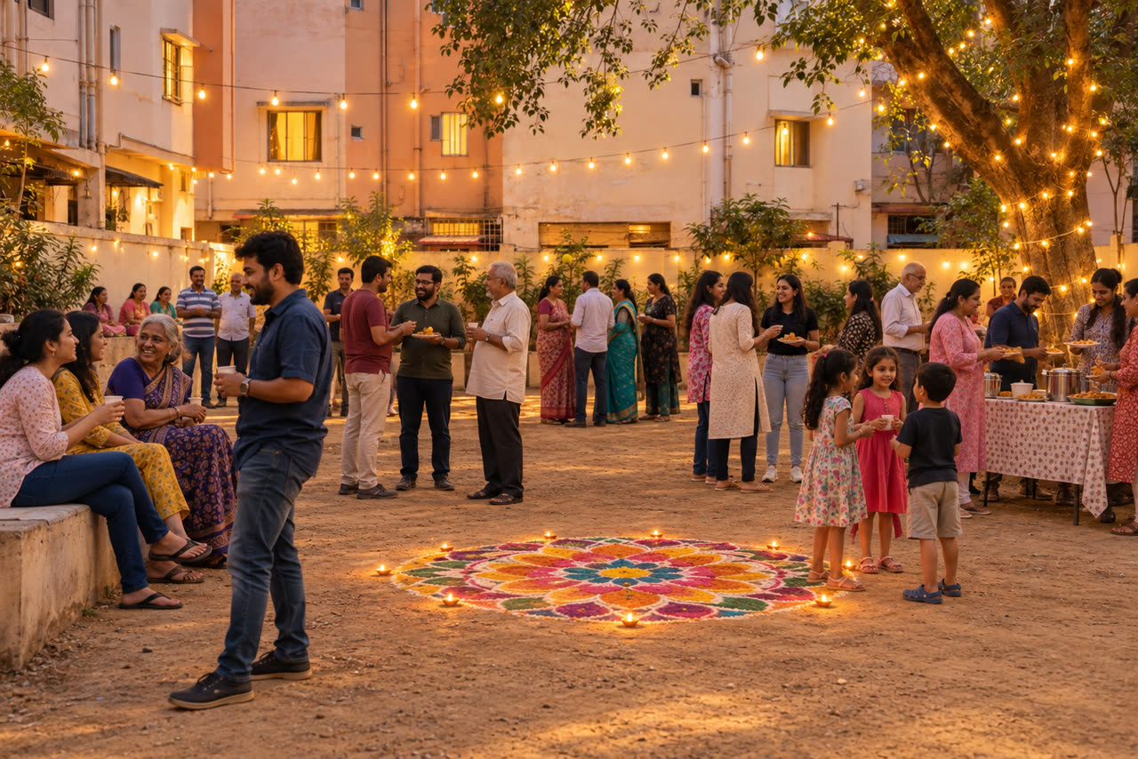 Neighbours gather at dusk under string lights around a rangoli